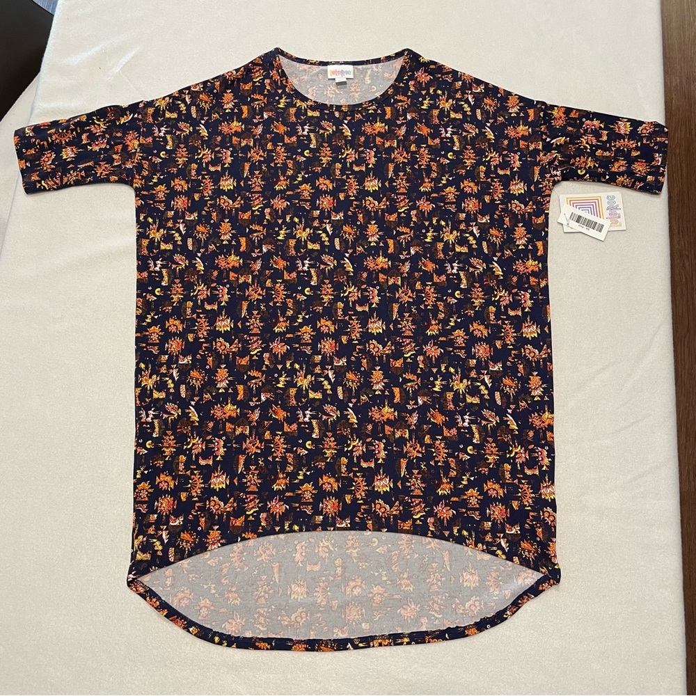 LuLaRoe Irma shirt, navy with yellow and orange design, XS, NWT